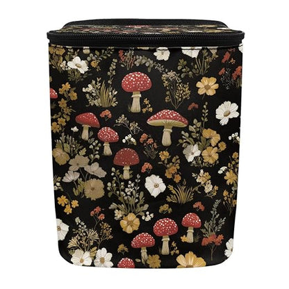 Retro Mushroom Daisy Flower Pattern Car Trash Can with Lid and Zipper Portable Foldable Trash Bin for Car Interior Accessories Multipurpose Garbage Can Bags Storage Organizer
