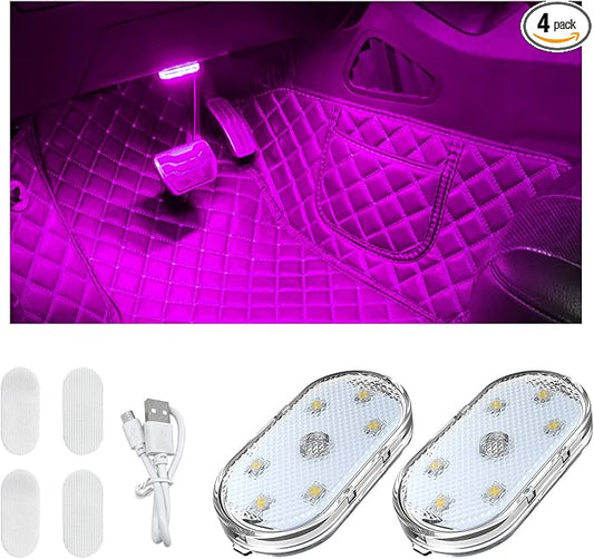 KVAEY 4 PCS Car LED Lights Interior Wireless, 7 Colors Magnetic Auto Ambient Light with 6 Bright LED Lamp Beads, Portable USB Rechargeable Vehicle Interior Led Night Light (Pink, Sticky, 2pcs)