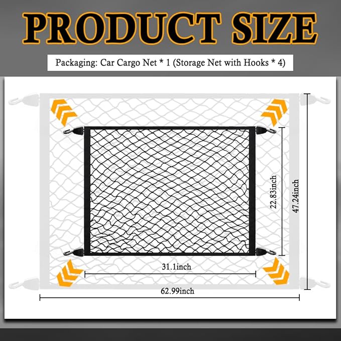 Upgrade Cargo Net for SUV with 4 Hooks,Stretchy 32x23 to 63x47 Elastic Trunk Net for SUV,Essential Automotive Cargo Nets as Trunk Organizer for Securely Fastening Items