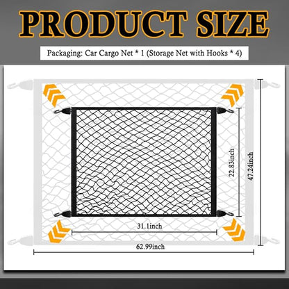 Upgrade Cargo Net for SUV with 4 Hooks,Stretchy 32x23 to 63x47 Elastic Trunk Net for SUV,Essential Automotive Cargo Nets as Trunk Organizer for Securely Fastening Items
