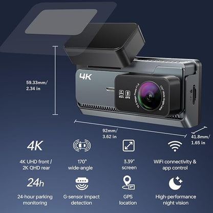 4K+2K Dash Cam Front and Rear, 5G WiFi GPS, 32GB Card Included, 3.39" Screen Dual Dashcam, G-Sensor, 24H Parking Mode, WDR, Dash Camera for Cars