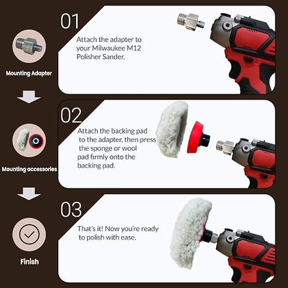 Buffing Polishing Kit for Milwaukee M12 Polisher/Sander,Includes M9 to 5/8-11 Adapter, 3" Backing Pad, Sponge and Wool Buffing Pads（9 Pcs）
