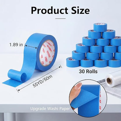 30Rolls Painters Tape 2 Inch Wide, Blue Masking Tape Bulk, 1.89 in x 55 Yd Blue Tape for Wall Painting Home Improvement DIY Crafts, Total 1650 Yards