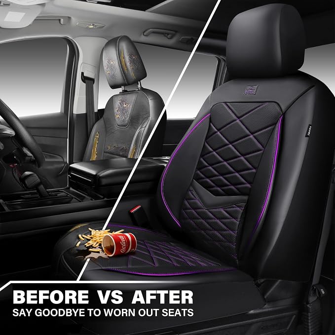 CAR PASS Luxury Nappa Leather Front Seat Covers, Water Resistant 3D Foam Seat Covers with Lumbar Support, Breathable Auto Seat Cover Airbag Compatible Universal Fit Sedan SUV Van Truck, Black Purple