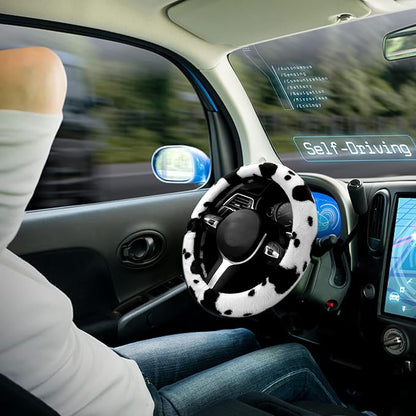 6PCS Set car Interior Aesthetic Accessories, Fluffy Cute Cows Steering Wheel Cover, armrest pad, seat Belt Cover,Gear Shift Cover, Fit Girly car