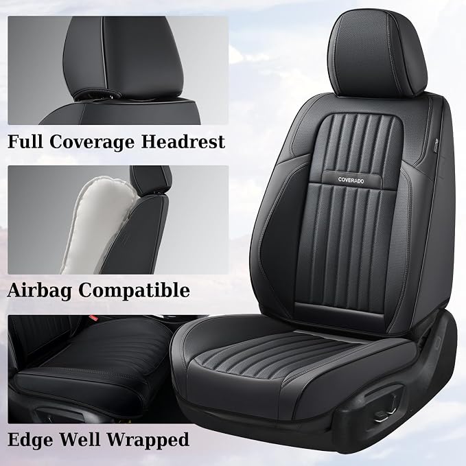 Coverado Seat Covers, Car Seat Covers Front Seats, Car Seat Cover, Car Seat Protector Waterproof, Car Seat Cushion Nappa Leather, Black Seat Covers for Cars Carseat Cover Universal Fit for Most Cars