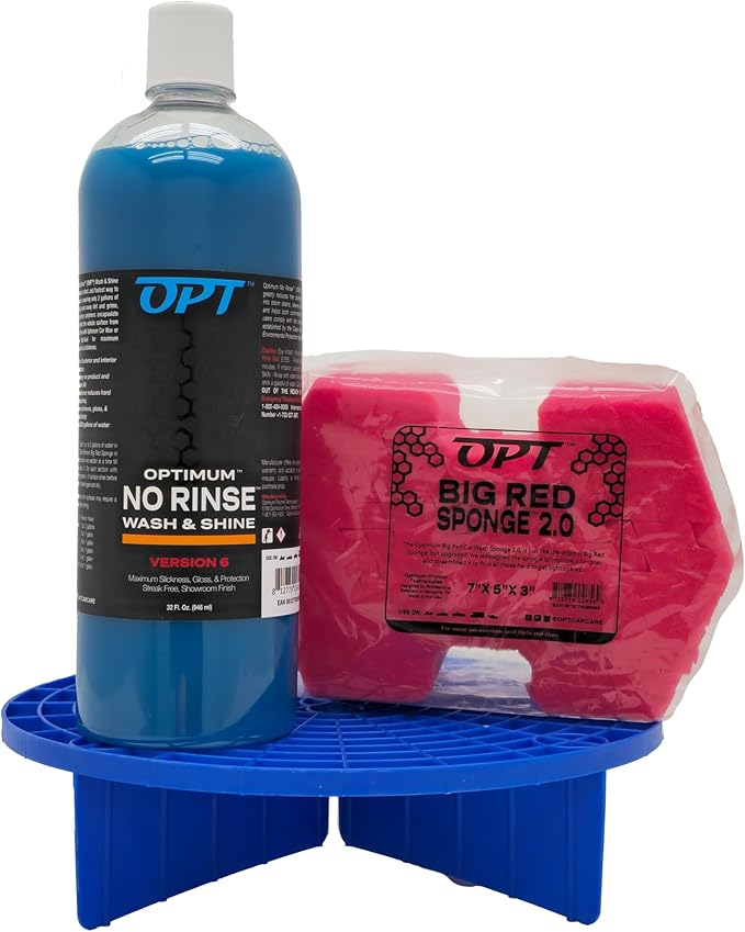 Optimum No Rinse Version 6 (32 Oz), Grit Guard Bucket Insert (Blue), and Big Red Sponge 2.0 (BRS) Car Cleaning Kit, ONR Rinseless Car Wash, Dirt Lock, and Professional Wash Sponge for Auto Detailing