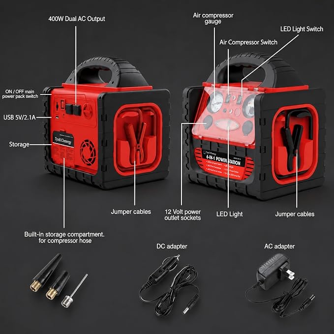 2200 Amp Car Jump Starter with Air Compressor,Portable Power Station with 260 PSI Tire Inflator,400W Power Inverter Dual AC/DC Ports,2.1A USB Port,Battery Clamps