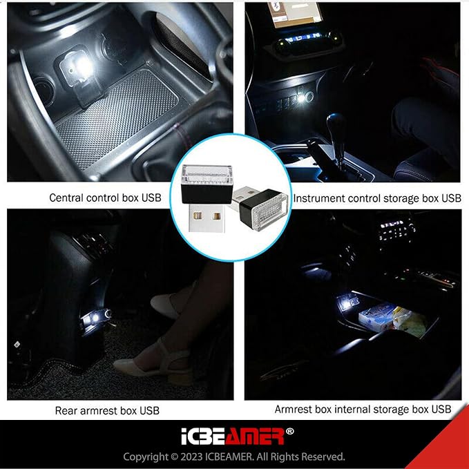 ICBEAMER USB Type-A LED Night Light 2-Pack (White) | Plug-in Universal Fit Automotive Accessory for Car Interior and Trunk Ambient Atmosphere Lighting