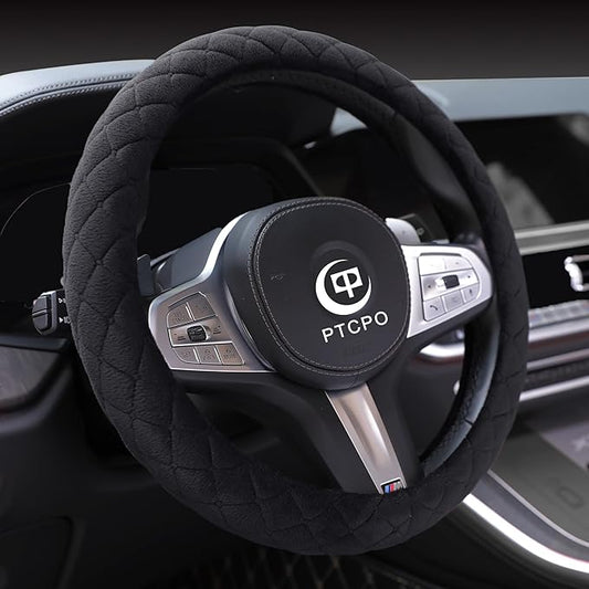 Soft Car Steering Wheel Cover for Sedan, SUV, Warm Luxury Velvet, Odorless, Universal, Anti Slip, Summer Winter, Black, Large Size[15" 1/2-16"](39-41cm)