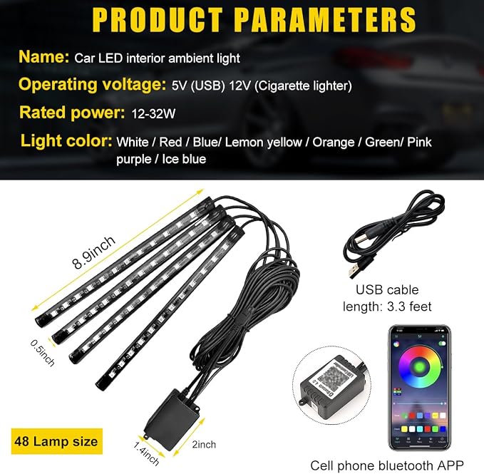 povtii Car Led Interior Lights, RBG 48 LED Multicolor Music Auto Interior Strip Light with APP Control, Waterproof Lighting Lamp Kit Under Dash with Charger, Car Accessories (USB)