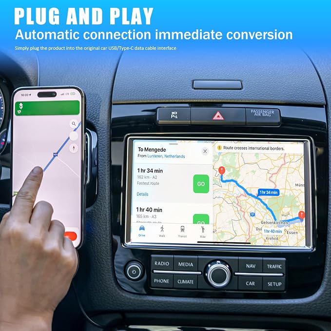 Ciieeo 3-in-1 Wireless Car Adapter with USB a to C Connector for Screen Mirroring Converts Wired to Wireless Compatible with Android Phone Connection for Navigation and Media Streaming