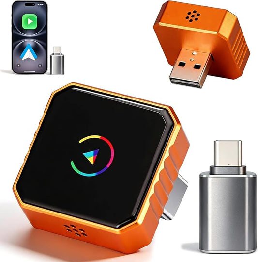 2-in-1 Wireless CarPlay & Android Auto Adapter, Converts Wired to Wireless,Plug & Play Dongle, Fast Auto-Connect No Delay, Compact Design for iPhone & Android with USB/USB-C Port(Orange)