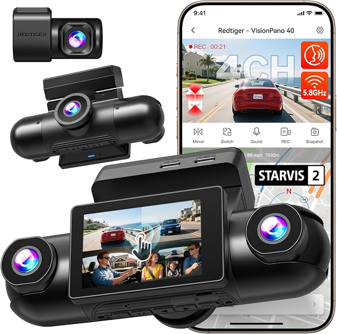 REDTIGER VP40 4 Channel 360° View Dash Cam, Dual STARVIS 2, 2.5K*2+1080P*2 Dashcam Front and Rear Inside Left Right, 5.8GHz WiFi, 8 IR Lights Night Vision, 4 Adjustable Lenses (No Card Included)