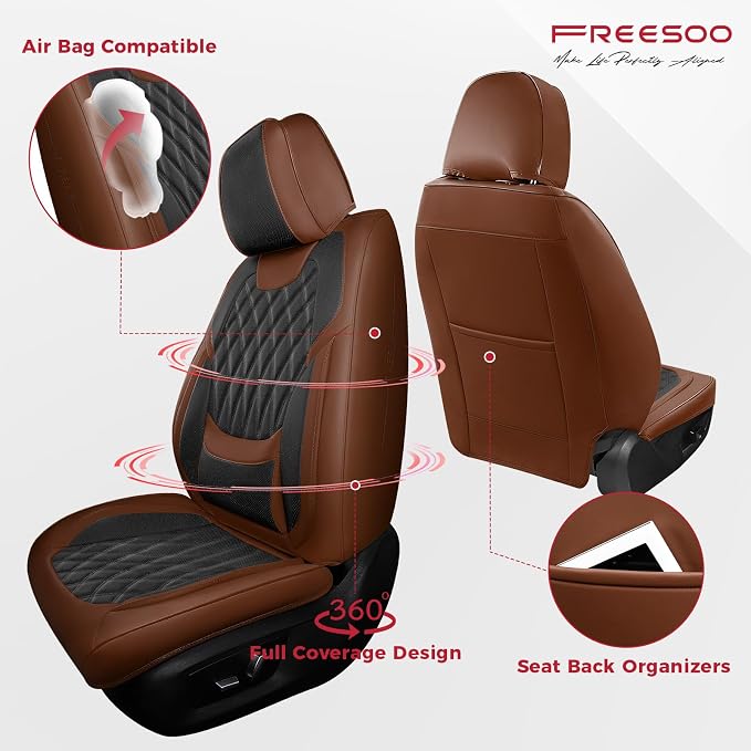 FREESOO Car Seat Covers Front Seats - Luxury Breathable Waterproof Faux Leather Car Seat Cover Protectors with Lumbar Support, Universal Fit for Most 5 Seats Vehicles Sedans Hatchbacks, Black Brown