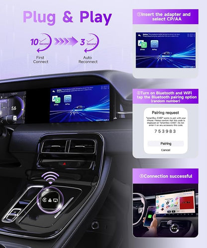3-in-1 Mini Wireless CarPlay Adapter(2025 Upgraded)-Built-in Wired Carplay Android Auto Airplay,Plug&Play,Fast Auto-Reconnect,BT 5.0,USB/Type-C,iOS10+&Android 11+,5G WiFi(Black)