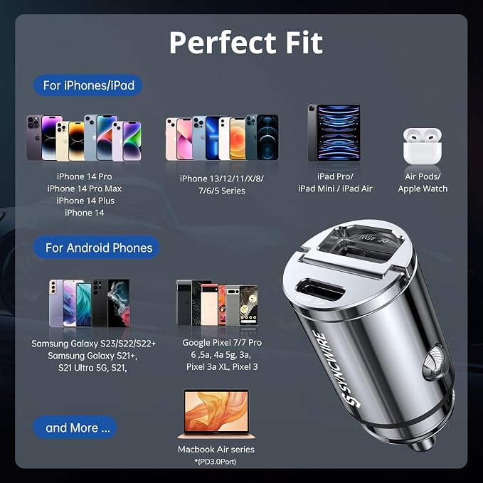 USB C Car Charger Syncwire 90W [PD 45W & QC 45W] USB Car Charger Adapter Fast Charging [Super Mini & All Metal] Compatible with iPhone 15/14 Pro Max Plus 13 12 Samsung S23/S22/21 Note 22, Pixel, iPad