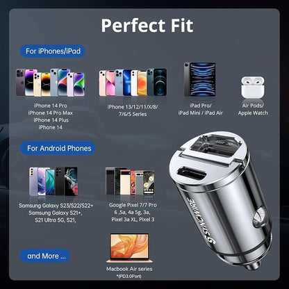 USB C Car Charger Syncwire 90W [PD 45W & QC 45W] USB Car Charger Adapter Fast Charging [Super Mini & All Metal] Compatible with iPhone 15/14 Pro Max Plus 13 12 Samsung S23/S22/21 Note 22, Pixel, iPad