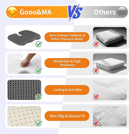 Gooo&Ma Car Seat Cushion & Office Chair Pad - Air Fiber Breathable U-Shape Cooling Cushion for Tailbone Comfort, Driving, Desk & Gaming, Ergonomic Washable Seat Pad with Non-Slip Base(Grey)