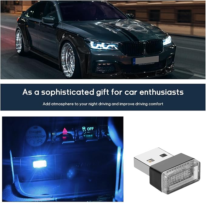 Dickno 4 PCS USB LED Car Interior Atmosphere Lamp, Portable Mini LED Night Light, Plug-in USB Interface Trunk Ambient Lighting Kit, Universal Vehicle Interior Accessories (Ice Blue)