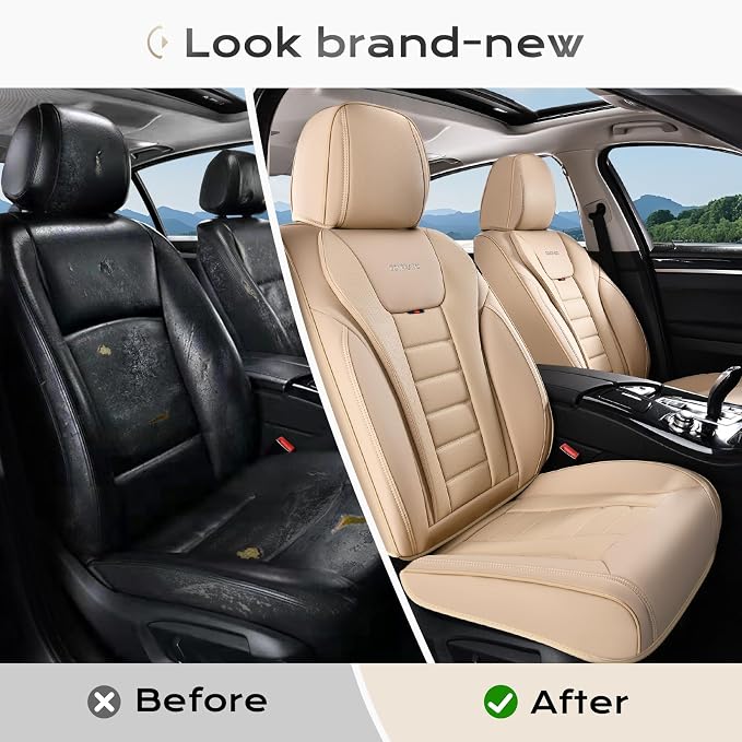Coverado Car Seat Covers Full Set, Seat Covers for Cars, Front Seat Covers and Back Seat Cover Waterproof Leather Automotive Seat Cover, Universal Car Interior Protectors Cushion for Most Cars