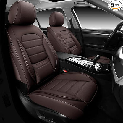 Brown Car Seat Covers Full Set, Universal Faux Leather Seat Covers for Cars 5 Seats, Waterproof Leather Car Seat Covers, Comfortable Automotive Seat Covers for Most Sedans Trucks SUVs