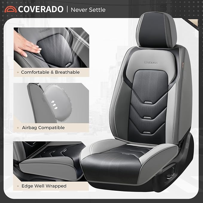 Coverado Car Seat Covers Full Set, Gray&Black Leather Seat Covers, Front and Back Seat Cover for Car, Waterproof Car Seat Protector, Car Seat Cushion Automotive Seat Covers Universal Fit for Most Cars