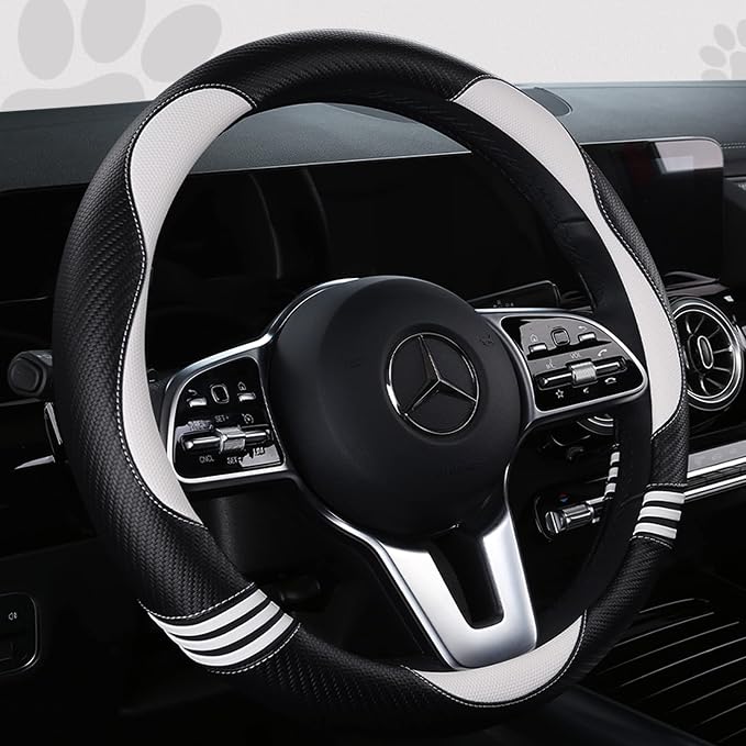 HighnessHwoo Car Steering Wheel Covers for Women Girl Padded Carbon Fiber PU Leather Cute Cartoon Auto Interior Accessories for Jeep, Truck, Universal, Anti Slip, White, Large Size, 15.2-16in