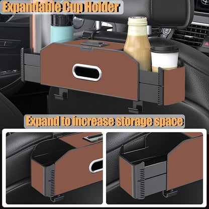 Back Seat Car Organizer,5 in 1 Multifunctional Car Back Seat Storage Box with Trash Can Drink Cup Holder Tissue Box, for Hold Phone,Snacks, Drinks, Handbag-Brown