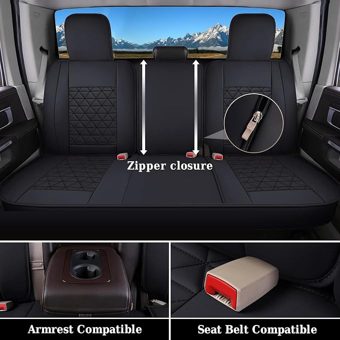 Coverado Car Seat Covers Full Set, Leather RAM 1500 Seat Covers Protectors Compatible with 2002-2026 Dodge RAM 1500 2500 3500 Crew Double Mega Quad Cab with Flat Bench, Black