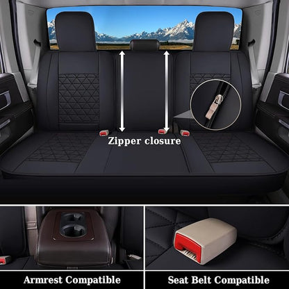 Coverado Car Seat Covers Full Set, Leather RAM 1500 Seat Covers Protectors Compatible with 2002-2026 Dodge RAM 1500 2500 3500 Crew Double Mega Quad Cab with Flat Bench, Black