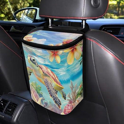 Talayituse Turtle Hibiscus Plumeria Print Car Trash Bin, Large Size Auto Trash Can Adjustable Portable Garbage Can with Lid, Vehicle Hanging Bag for Headrest Front Back Seat