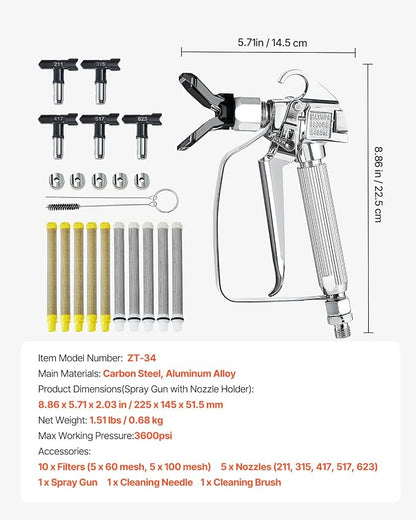 VEVOR Airless Paint Spray Gun, 3600PSI High Pressure Airless Paint Sprayer Gun with 5 Tips, 211, 315, 417, 517, 623, Swivel Joint Airless Spray Gun Kit with Filters, Cleaning Needle and Brush