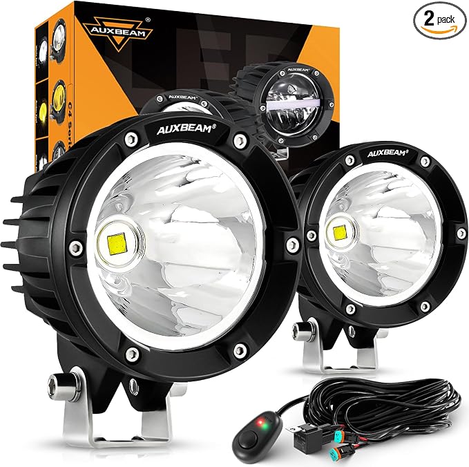 Auxbeam C4 Series Spot Beam Round LED Off-Road Light Pods 4-Inch 72W | Long distance spot lights, 4x4 automotive offroad lighting, Hood hinge bumper a-pillar mount, Auxiliary ditch light bars