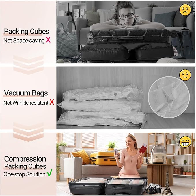 OlarHike 4 Set Compression Packing Cubes for Travel Essentials,Compressible Expandable Space Saver Bags for Organizing Clothes,Luggage Suitcase Garment Bags with Over 1000 pcs Mesh Holes(Beige)
