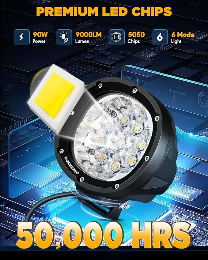 Auxbeam 4 Inch Round Offroad Light, 90W LED Amber White Spot Strobe Light Pods with 6 Modes, Dual Color Flashing Driving Fog Lights Bar Plug & Play for Truck, Pickup, SUV, ATV, UTV, 4x4, Jeep