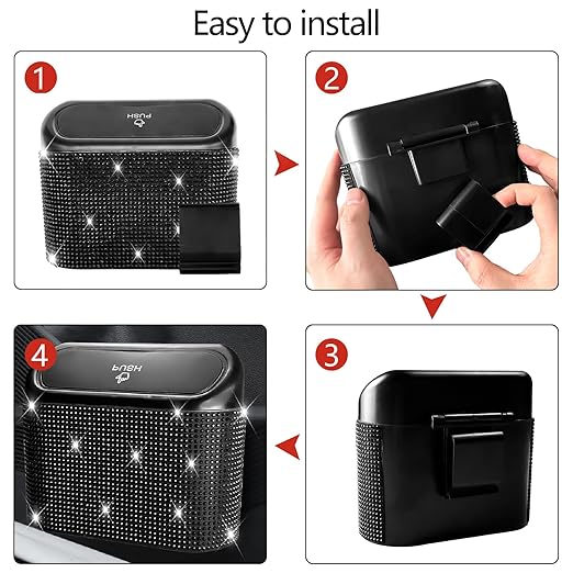 NBTEPEM Bling Car Trash Can with Lid - 2 Pack, Mini Auto Garbage Can with 60 Trash Bags, Automotive Garbage Container Bin, Bling Car Accessories Trash Can for Women (Black Diamond)