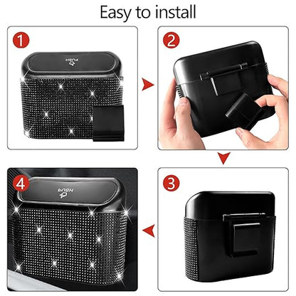 NBTEPEM Bling Car Trash Can with Lid - 2 Pack, Mini Auto Garbage Can with 60 Trash Bags, Automotive Garbage Container Bin, Bling Car Accessories Trash Can for Women (Black Diamond)