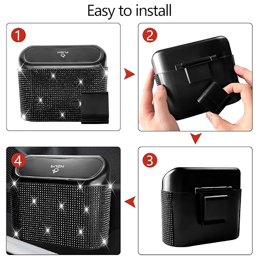 NBTEPEM Bling Car Trash Can with Lid, Mini Auto Garbage Can with 30 Trash Bags, Leakproof Automotive Garbage Container Bin, Bling Car Accessories Trash Can for Women (Black Diamond)