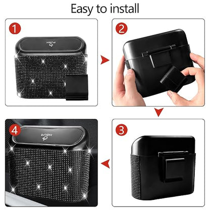 NBTEPEM Bling Car Trash Can with Lid, Mini Auto Garbage Can with 30 Trash Bags, Leakproof Automotive Garbage Container Bin, Bling Car Accessories Trash Can for Women (Black Diamond)