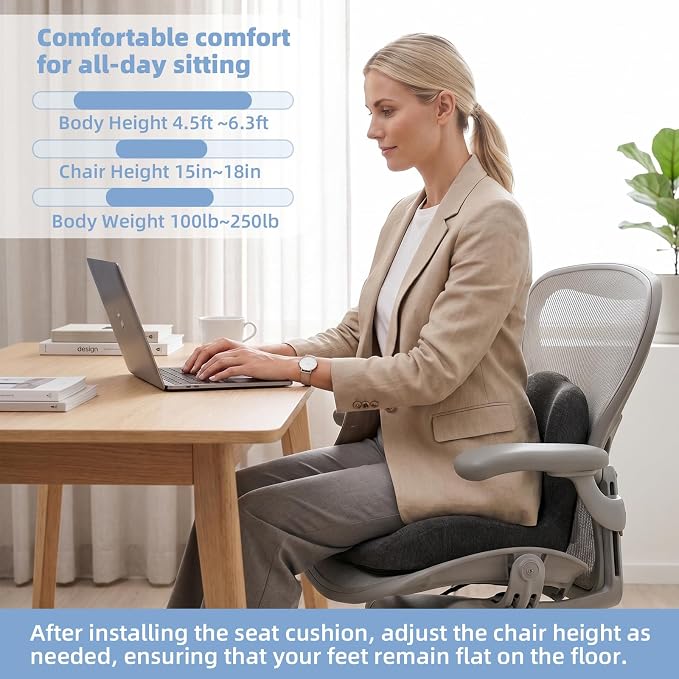 Memory Foam Seat Cushion,Office Chair Cushion with Lumbar Support for Back Pressure Relief, Car Seat Cushion with Adjustable Strap,Sciatica Pad Cushions for Car,Truck, Desk (Black)