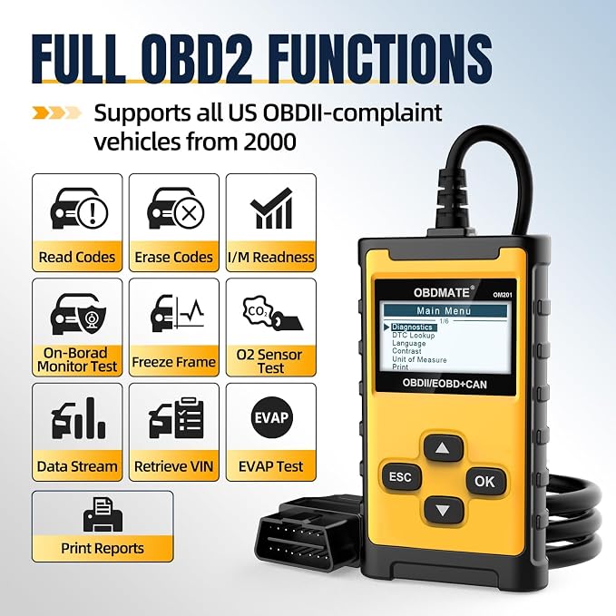 Check Engine Code Reader, OBDMATE OM201 OBD2 Diagnostic Tool Clearing Faulty Codes with Wireless Printing | Graphic Live Data| EVAP Test