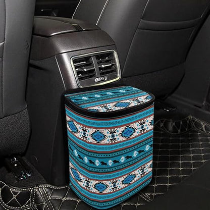 Aztec Tribal and Cattle Pattern Car Trash Can with Lid and Zipper Portable Foldable Ethnic Style Trash Bin for Car Interior Accessories Multipurpose Garbage Can Bags Storage Organizer