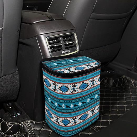 Aztec Tribal and Cattle Pattern Car Trash Can with Lid and Zipper Portable Foldable Ethnic Style Trash Bin for Car Interior Accessories Multipurpose Garbage Can Bags Storage Organizer