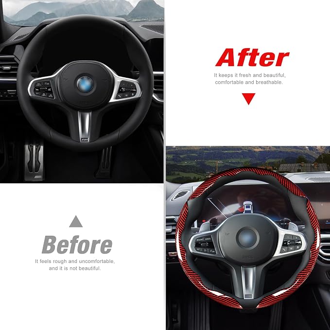 Car Steering Wheel Cover Set Bright Carbon Fiber Wrap Non-Slip 3pcs Steering Wheel Accessories 14.5-15 inch Universal (Red)