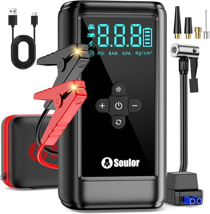 Jump Starter with Air Compressor Battery Jumper Starter Portable 6000A Car Battery Jump Starter with 160PSI Portable Tire Inflator, LED Light, Case (All Gas/14L Diesel)