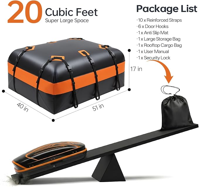 Car Rooftop Cargo Carrier Bag, 20 Cubic Feet Waterproof Heavy Duty Roof Bag with 8 Reinforced Straps & Combination Lock, Soft Shell PVC Car Top Luggage Carrier for SUV Truck RV, Travel Camping Storage