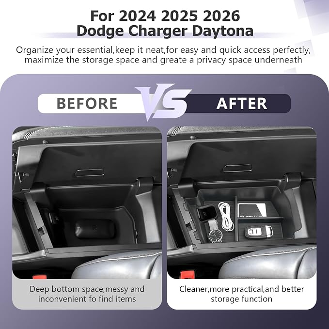 LUWU 2024-2026 Charger Daytona Center Console Organizer for 2024 2025 2026 Charger Daytona R/T Scat Pack Accessories OEM Fit Armrest Console Storage Box Insert Tray Durable ABS Material Black
