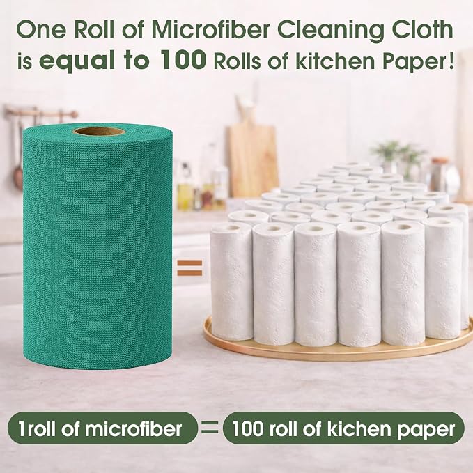 Microfiber Cleaning Cloth Roll–100 Pack, Tear Away Microfiber Towels, Reusable, Washable, Scratch-Free, Kitchen Towels for Car, Home, Kitchen, Glass, Dishes (Malachite Green)