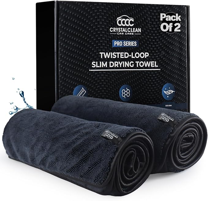 Crystal Clean Single-Sided Pack of 2 XL (28x36) Car Drying Towel – Korean Microfiber Towel with Double Twisted Loop, Professional Drying Towel for Car Detailing - Quick Dry, Paint Safe & Swirl-Free